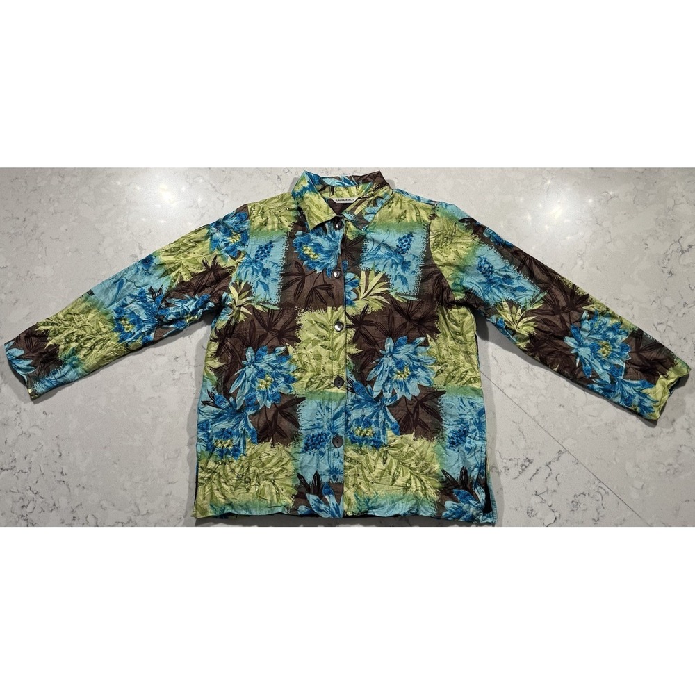 Laura Ashley Button Up Shirt Womens Small Blue Green Floral Silk Long Sleeve Top